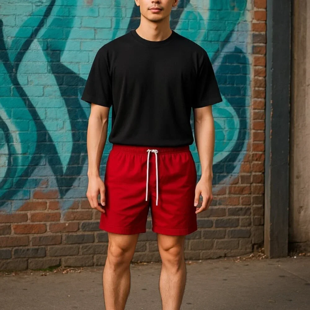 Amazon Essentials Men's M Swim Trunks Short Red Lined Drawstring Pocket NWOT NEW